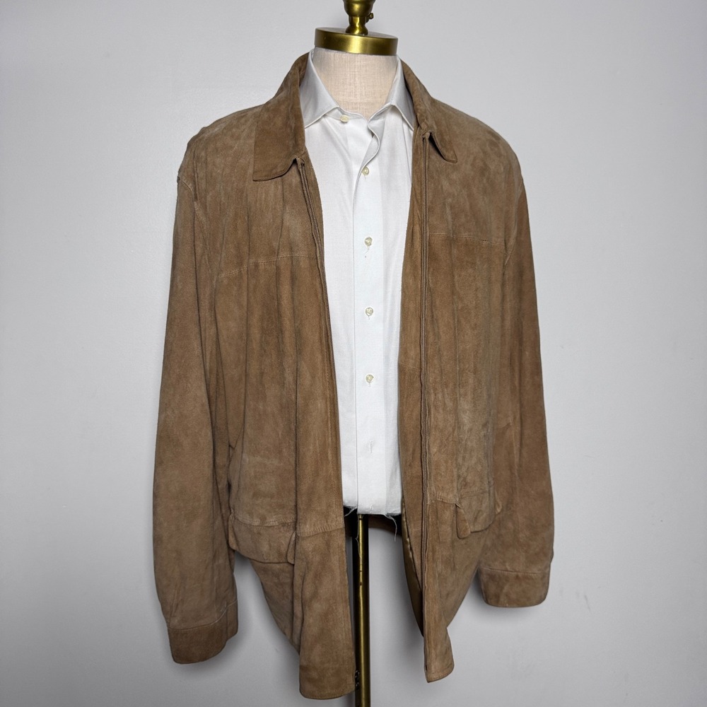 Grant Thomas Suede Leather Jacket Mens XL Tan Solid Full Zip Bomber Harrington